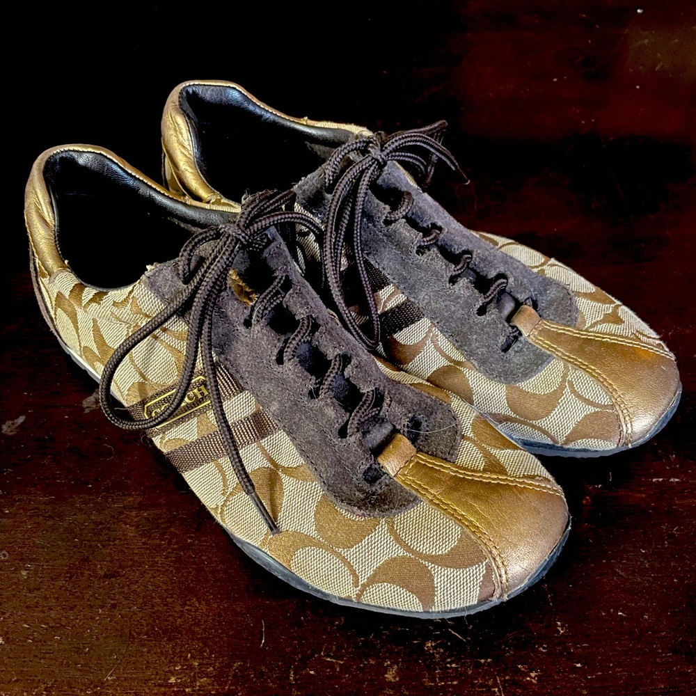Authentic Coach Katelyn Sneakers Brown/Gold Monogram Logo Shoes